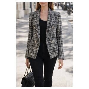 L’Agence Kenzie Tweed Blazer Black Cream Double Breasted Jacket Size 6